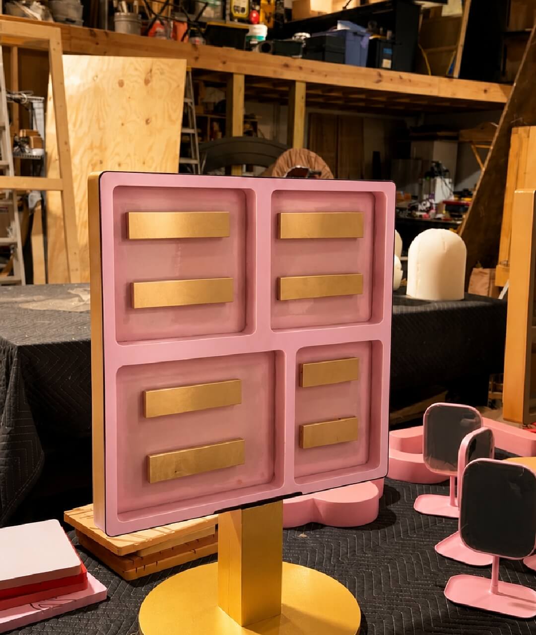 Custom Scenic Stage Prop Event Production Fabrication Custom pink and gold stage prop display constructed in a fabrication workshop warehouse, demonstrating tailored decorative elements for corporate events, product launches, and audio visual rentals.